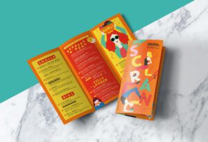 Colourful food menu on a marble countertop